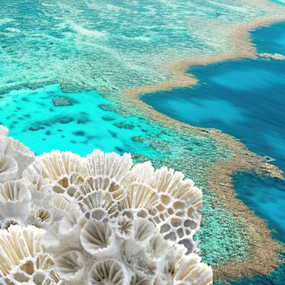 Image of delicate white coral, overlaid on and partly obscuring an aerial image of turquoise coloured water and reef